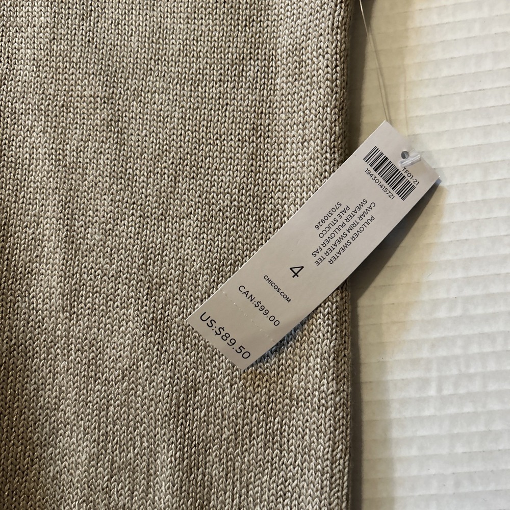 Chicos Womens Beige Linen Blend Knit Sweater Beaded Accent On Sleeve Size 4 XXL - Picture 2 of 6